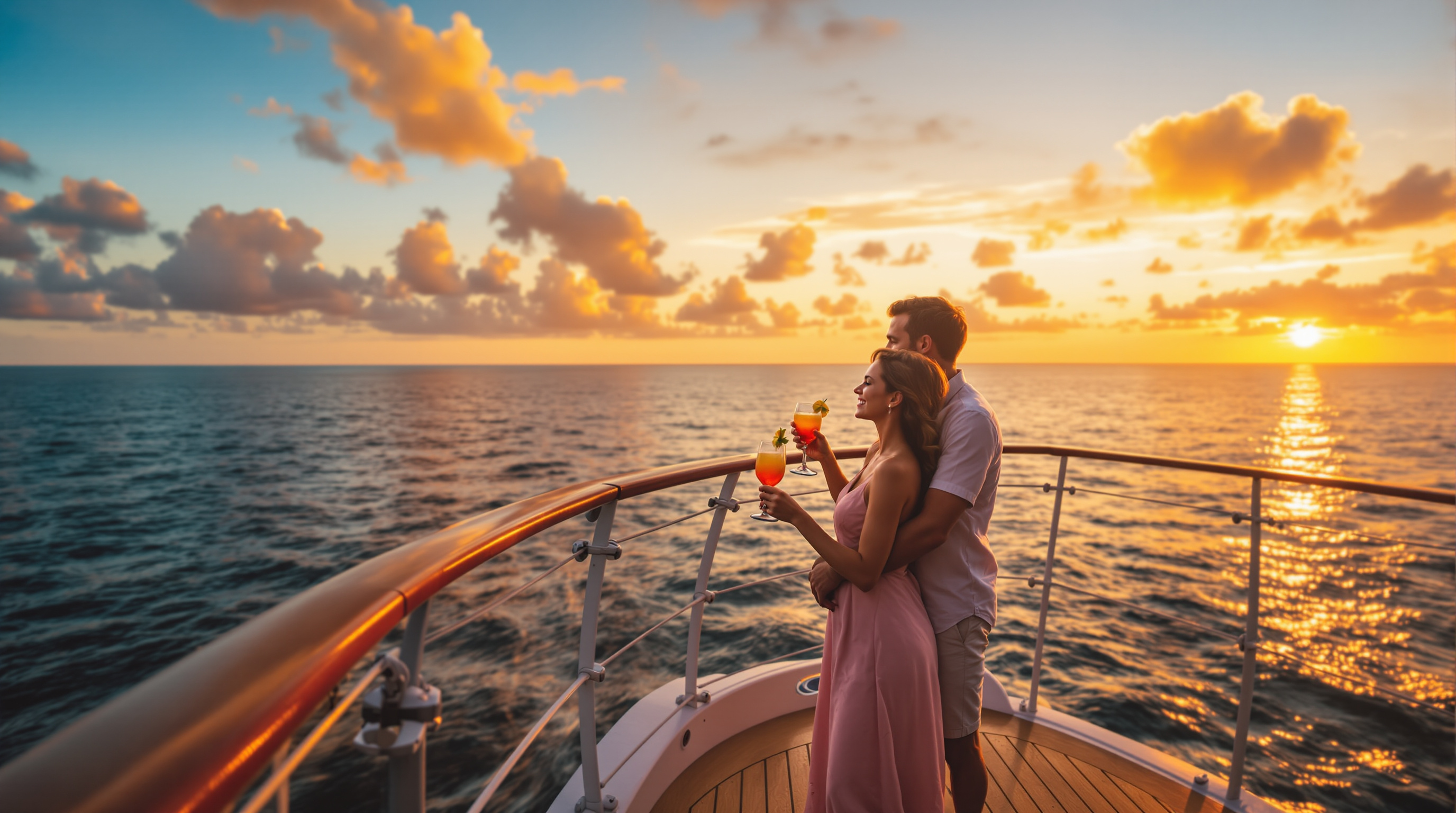Couple on cruise ship deck at sunset